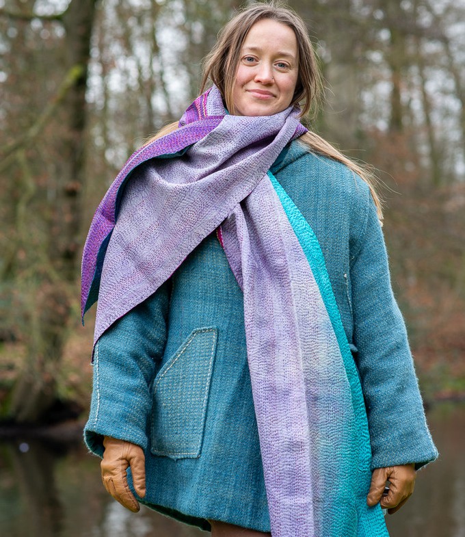 Kantha Sjaal zijde Turquoise-Paars tweezijdig draagbaar from Via India