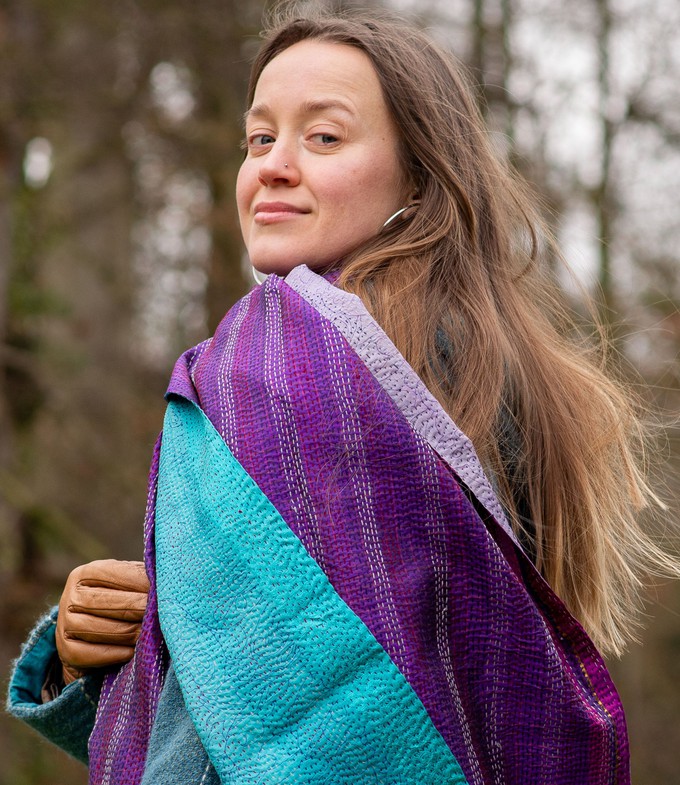 Kantha Sjaal zijde Turquoise-Paars tweezijdig draagbaar from Via India