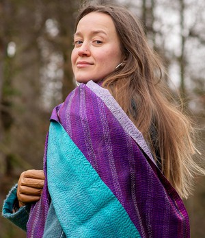 Kantha Sjaal zijde Turquoise-Paars tweezijdig draagbaar from Via India