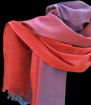 Organic cotton scarf in bright red and aqua blue, ombré effect from Via India