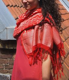 Bright red silk scarf with woven gold thread via Via India