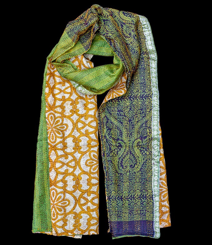 Kantha scarf recycled silk orange-green from Via India