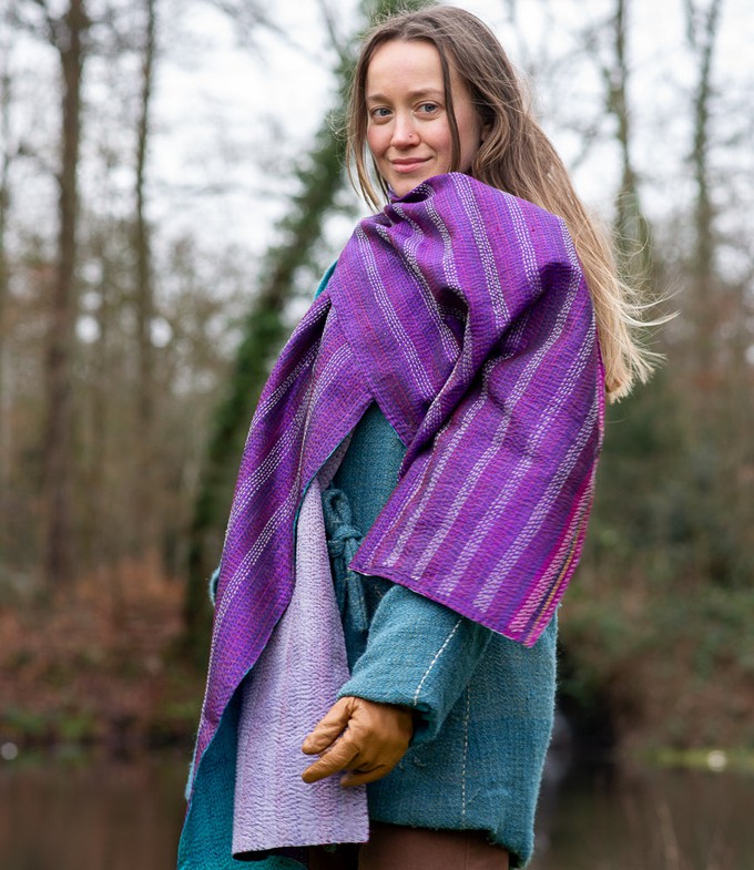Kantha Sjaal zijde Turquoise-Paars tweezijdig draagbaar from Via India