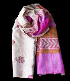 Kantha Sjaal zijde Zilver-Roze tweezijdig draagbaar via Via India