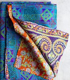 Kantha sjaal hergebruikte zijde blauw-oranje-print voor inkopers via Via India