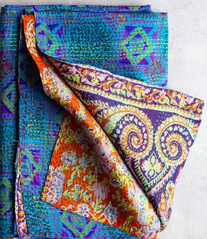 Kantha sjaal hergebruikte zijde blauw-oranje-print voor inkopers from Via India