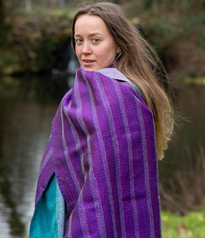 Kantha Sjaal zijde Turquoise-Paars tweezijdig draagbaar from Via India