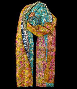 Kantha Sjaal zijde Goudgeel-Groen tweezijdig draagbaar from Via India