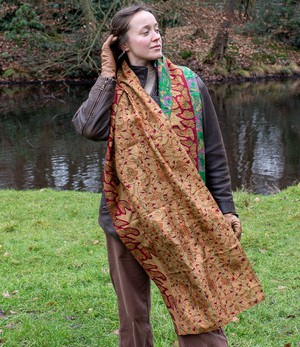 Kantha sjaal hergebruikte zijde Goudgeel-Groen from Via India